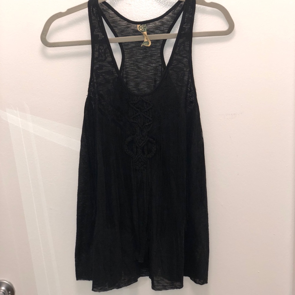 Free People black embroidered fringe cotton tank S
